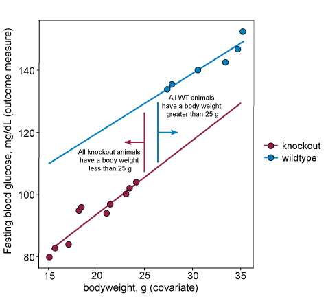 Graph plotting bodyweight along the x axis and blood glucose (outcome measure) along the y axis. Data is from either wildtype or knockout animals. All knockout data points are in the bottom left of the graph, all wildtype data points are in the top right. None of the bodyweights of the wildtype group overlap with the bodyweights of the knockout group.